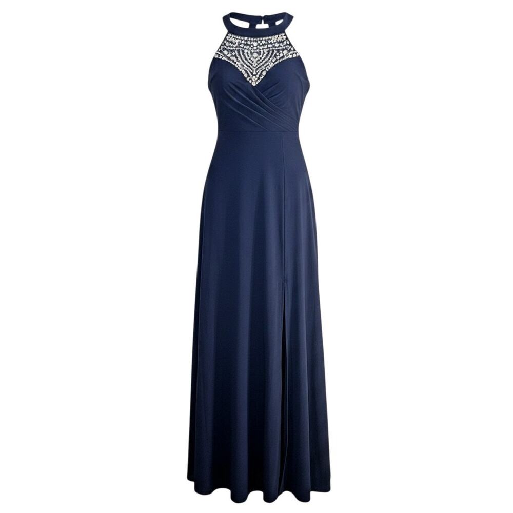 B Darlin Navy Blue Halter Beaded Formal Maxi Dress Womens 5/6 Evening Gown